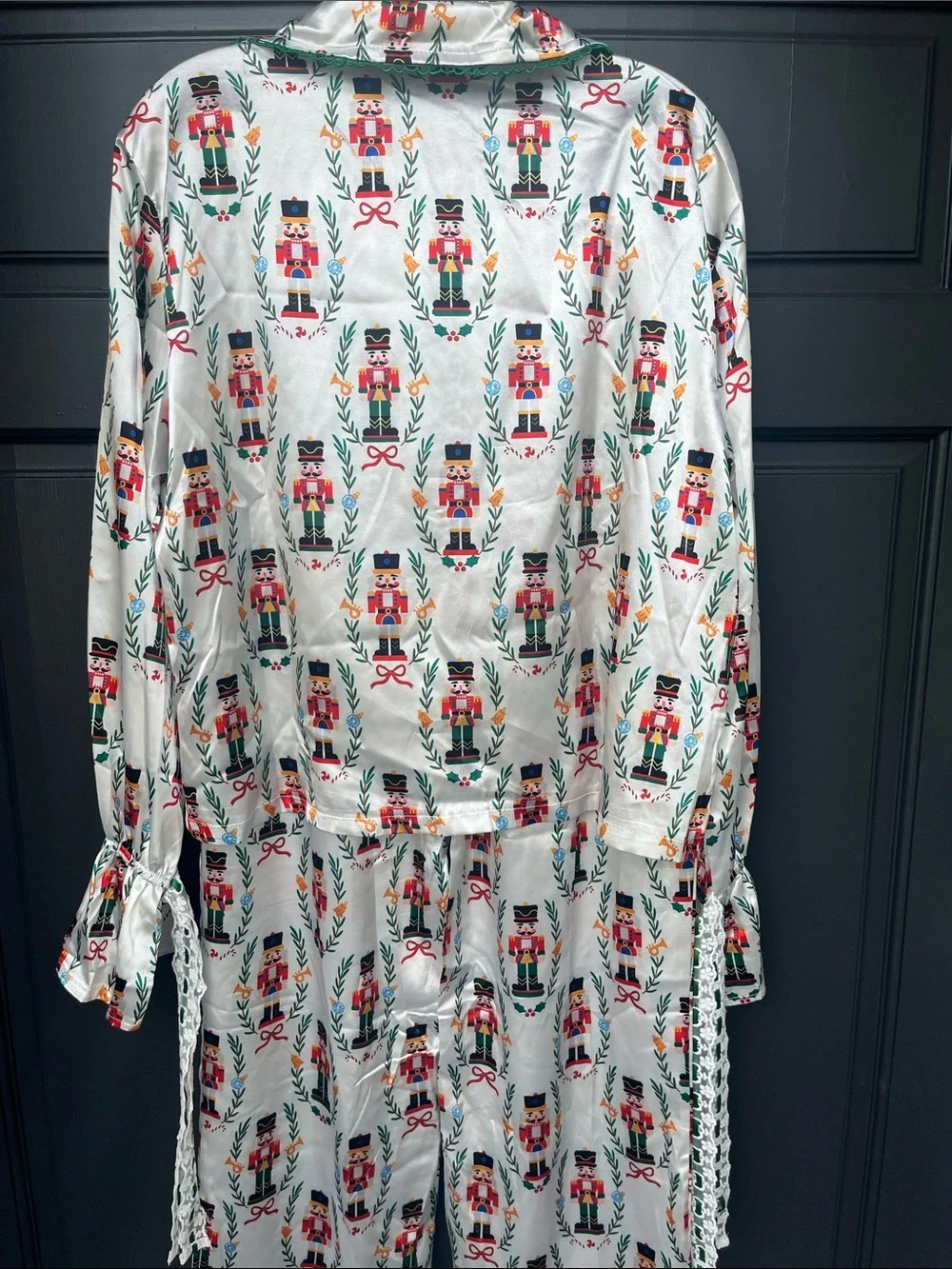 Nutcracker Print Satin Pajama Set - White with Red & Green